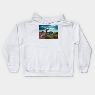 Landscape picture with pterodactylus, pterosaurs, dinosaurs Kids Hoodie